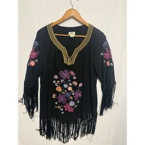 ARIAT Fringe Tunic Women's L Black Embroidered Boho Chic Native American Cowgirl